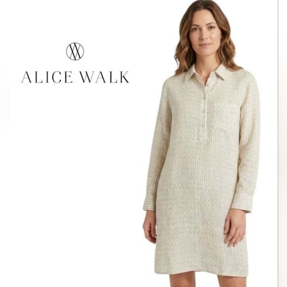 NWT Alice Walk Linen CottageCore Block Print  Minimalist Collared Midi Dress (L)